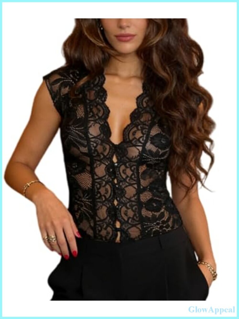 Sheer Lace Tank Top Mock Neck Frog Button Mandarin Collar Shirt